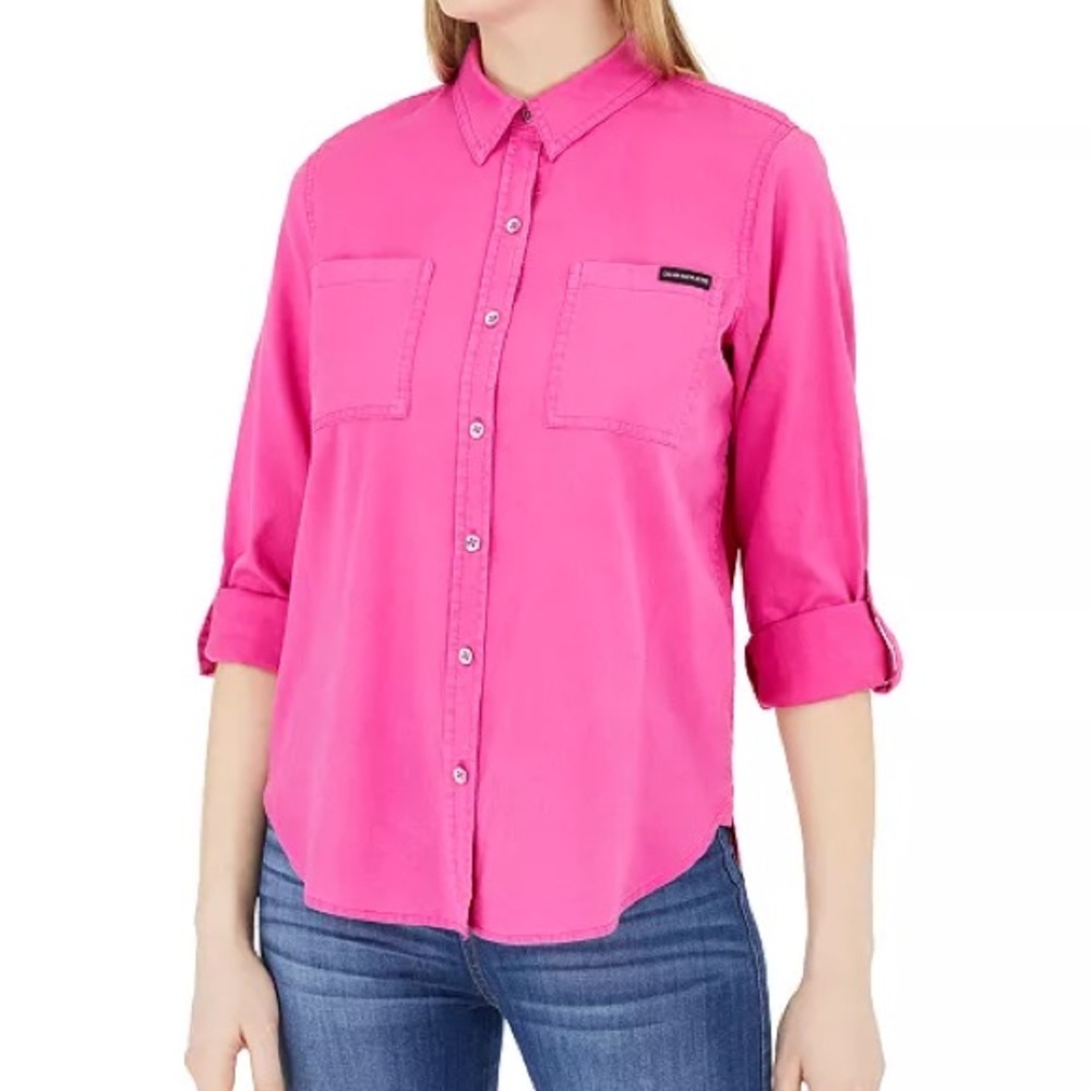 Calvin Klein Jeans Women’s Button-Front Roll-Tab-Sleeve Top Size XL Pink